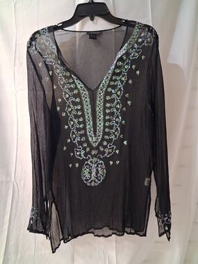 VENUS Black Sheer V-Neck Sequin Tunic with Iridescent Embellishment